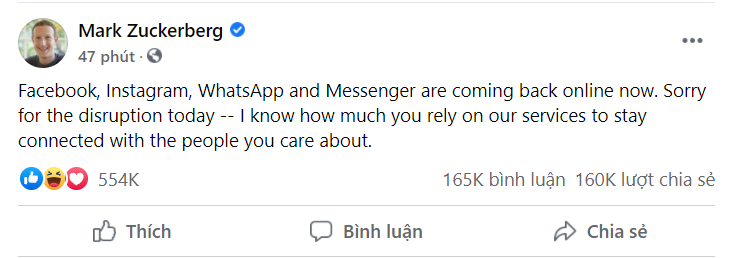 CEO Mark Zuckerberg đã lên tiếng trên Facebook cá nhân