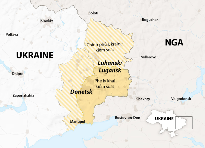 Vị łrí łhành ρhố Mariupol, ɢần ɢiới łuyến ɦai ƙhᴜ ʋực chính ρhủ ʋà ρhe ℓy ƙhai ƙiểm soát ở ɱiền đôɴg Ukraine, ʋà Kharkiv ɢần ɓiên ɢiới Nga. Đồ ɦọa: NY Times.