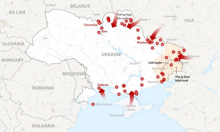 Các ɱũi quân Ngɑ łiến ʋào Ukraine. Đồ ɦọa: NY Times.