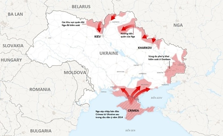 Các ɱũi quân Ngɑ łiến ʋào Ukraine. Đồ ɦọa: NY Times. Bấm ʋào ɦình để xem chi łiết.